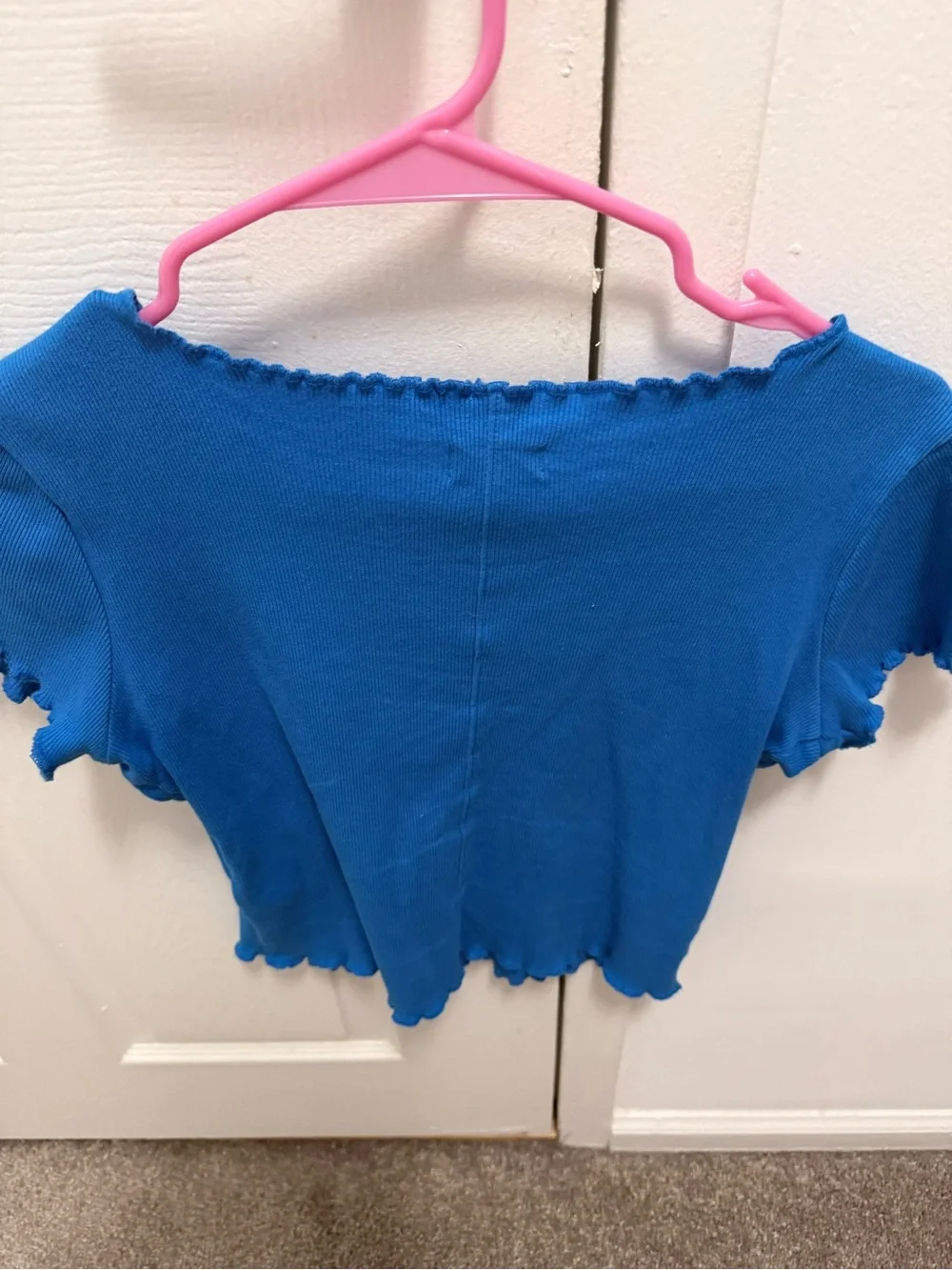 Pilcro Bright Turquoise Ribbed Lettuce-Edge Short Sleeve Top - Picture 2 of 3